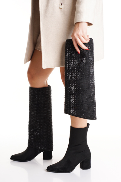 muhhu moda Women's Black Stone Detailed Detachable Suede Heeled Boots / Boots