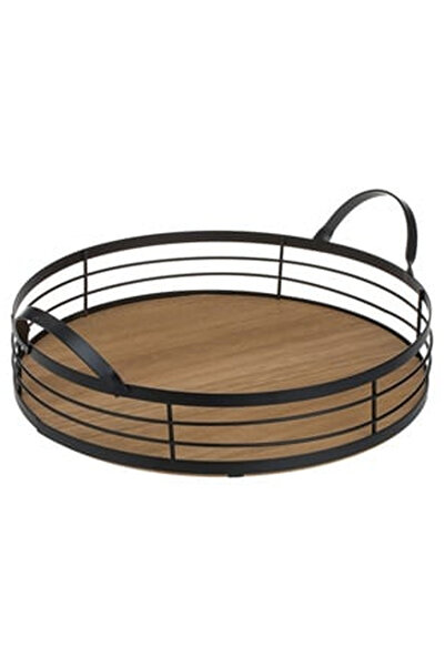 OEM Tava de Servit Rotunda din Lemn Bej Maro cu Manere Metalice Negre Ø30x6cm