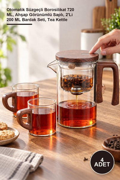 Yenilig 4 Adet Cam Demlik – Otomatik Süzgeçli Borosilikat 720 ML, Ahşap Görün...