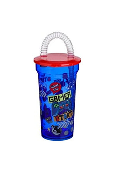 OEM Pahar din Plastic Albastru cu Pai & Model Gaming 400ml