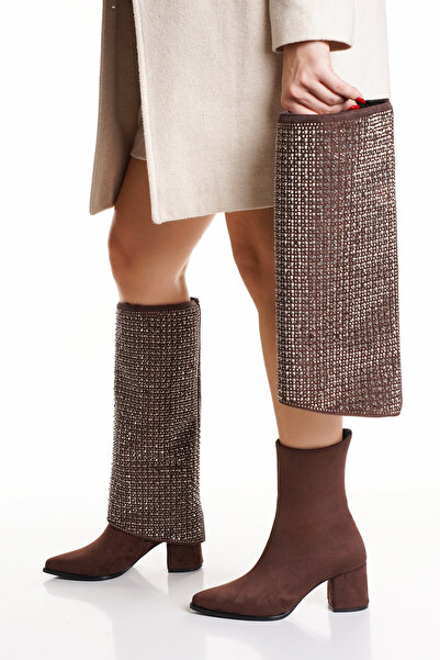 muhhu moda Women's Brown Stone Detailed Snap-On Suede Heeled Boots / Boots