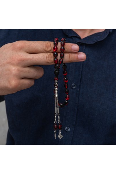 FM 💎   Premium Shiny and Stylish Metal Tassel Burgundy Black Crimped Amber Prayer Beads