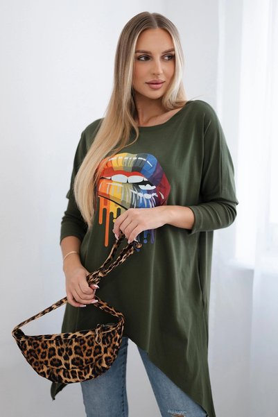 Kesi Tricou supradimensionat kaki cu imprimeu cu buze curcubeu și buzunare