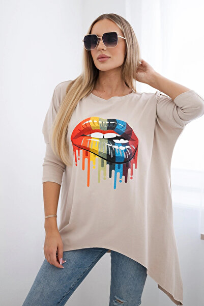 Kesi Tricou supradimensionat cu imprimeu buze curcubeu, bej, cu buzunare