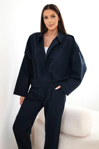 Kesi Set de damă din bumbac cu jachetă scurtă și pantaloni lejeri bleumarin