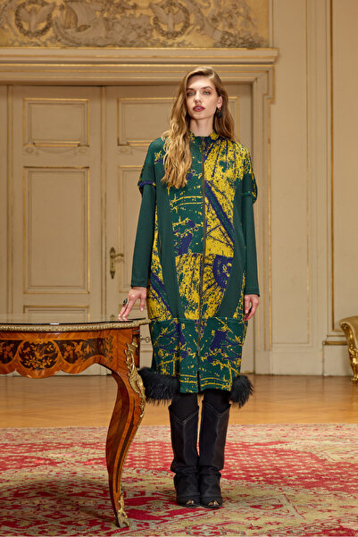 MissWhence Patterned Zippered Coat with Faux Fur Hem Detail