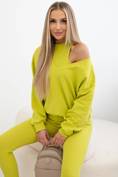 Kesi Set verde kiwi din trei piese cu top reiat, colanți și bluză de trening