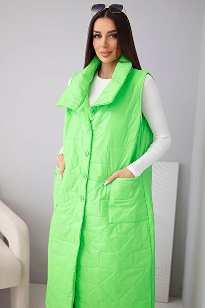 Kesi Vestă lungă matlasată verde neon de damă, cu buzunare și guler înalt