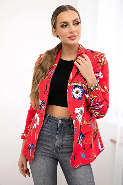 Kesi Blazer din bumbac roz zmeură cu imprimeu colorat și revere clasice