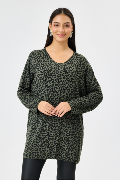 della moor Khaki Italian Leopard Pattern Long Sleeve Lycra Oversize Long Blou...