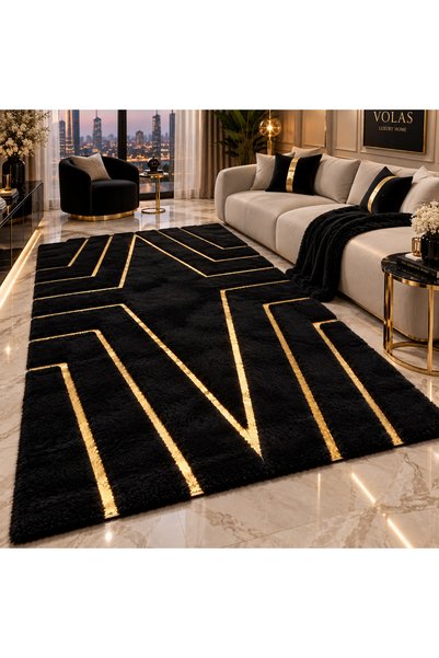 Volas Gold Detaylı Siyah Peluş Halı Modern Geometrik Desenli Lüks Salon ve Ot...