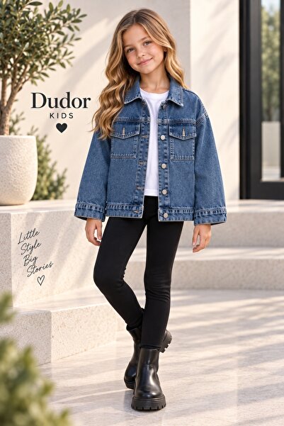 DUDOR KİDS Girl's Blue Oversize Denim Jacket - Jeans Jacket/Jeans Coat - Jean...