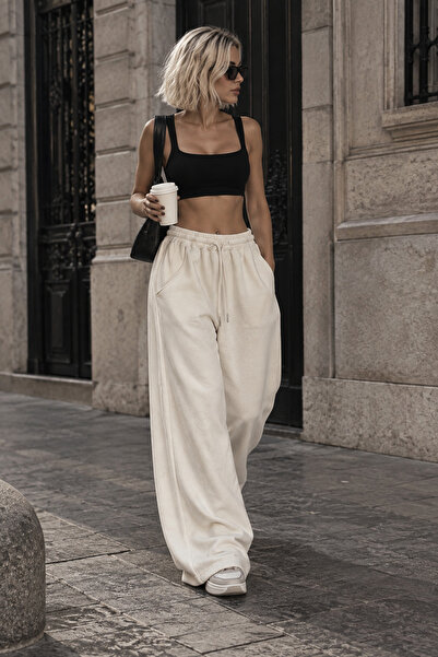ibeeka New Season Wide Cut Ecru Color White Striped Palazzo Oversize Trousers