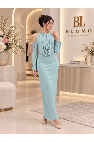 BLOMO نوع المنتج: فستان سهرة نسائي طويل ومجسم (ميدي إلى ماكسي)