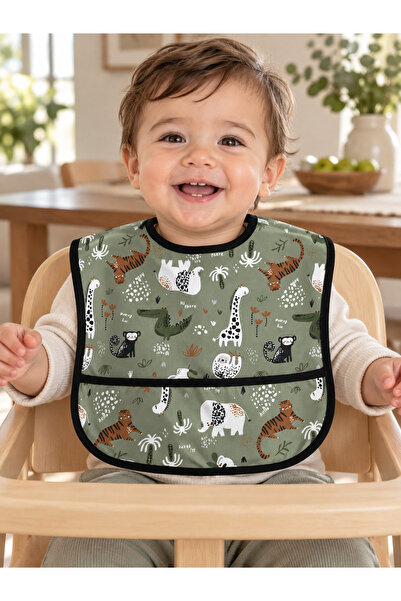 ANP MODA TASARIM Safari Patterned Liquid-Proof Baby Food Bib with Pockets 0-2...