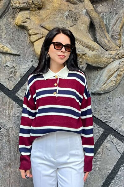 sunfyre Striped Buttoned Polo Collar Knitwear Sweater Sun542