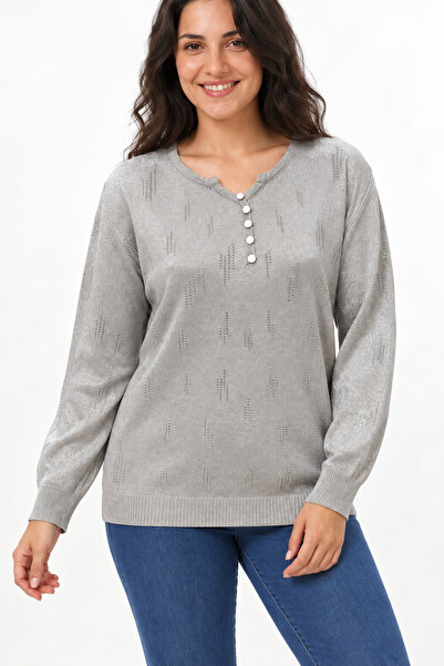 EtkiModa Women's Stone Printed Long Sleeve Mercerized Glitter Knitwear Blouse