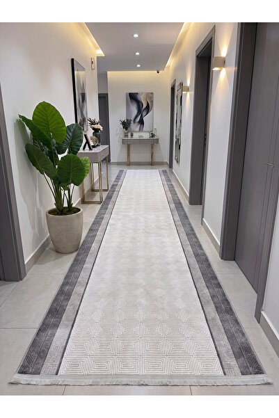 bergama home %100 Akrilik 4 Mevsim Gri Çerçeve Desen Salon Mutfak Antre Oturm...