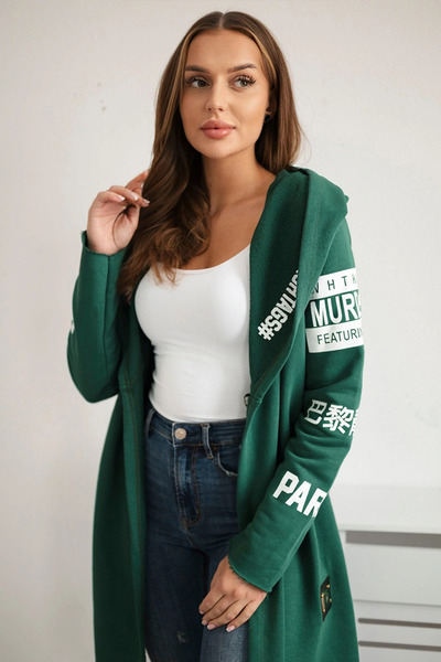 Kesi Cardigan lung verde cu glugă și imprimeu