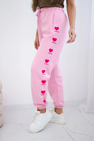 Kesi Pantaloni de bumbac roz cu broderie Amour, croială lejeră, stil turcesc