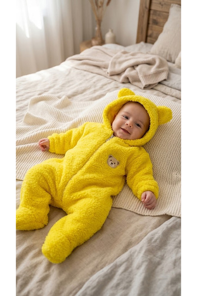 Bebek Patikli Kapişonlu Peluş Tulum Yumuşak Sıcak