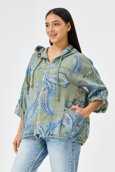 della moor Khaki Italian Shawl Pattern Hooded Zippered Oversize Jacket Blouse 38 - 46 Size