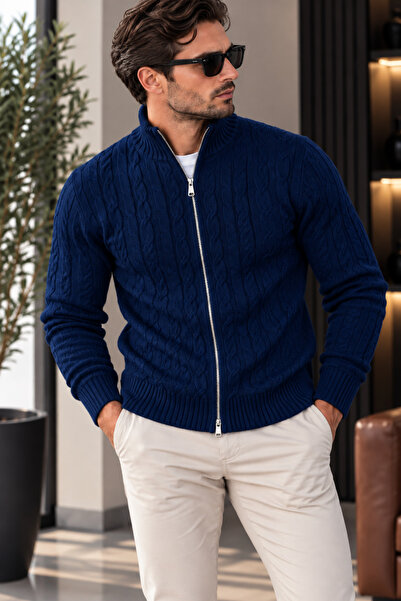 Cherry Butik Hair Braid Patterned Basic Men's Knitwear Cardigan