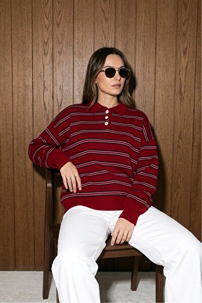 MODAQU سترة تريكو مخططة بياقة بولو - أحمر