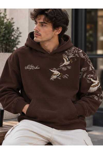 Mileyha Unisex Oversize Turna Embroidered Hooded Sweatshirt Hoodie Brown