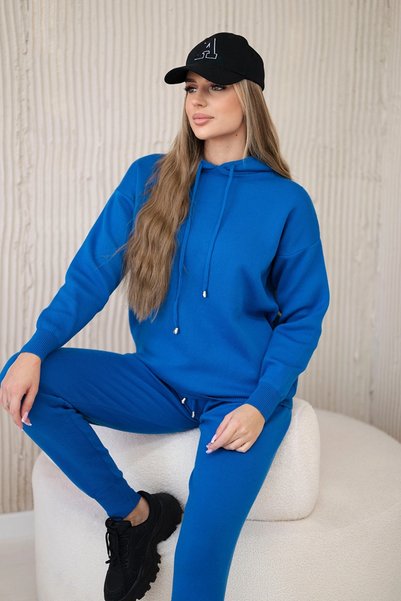 Kesi Set pulover tricotat albastru denim cu hanorac și pantaloni cu talie ela...