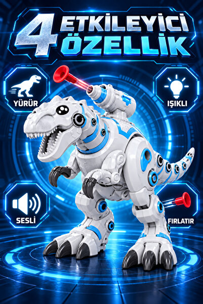 İlknurtoys Yürüyen Işıklı Sesli Mekanik T-Rex Dinozor Oyuncak Fırlatma Özellikli Robot