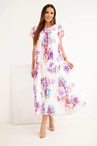 Kesi Rochie mov florală plisată din viscoză, cu mâneci scurte și buzunare