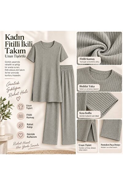 Çimen Spor Giyim Kadın Fitilli Kısa Kollu Rahat Pijama Ev Giyim Takımı