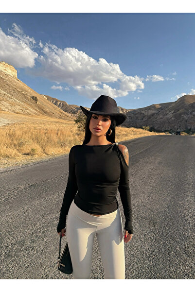 kırmızı butiks Black shoulder buckle sandy crop