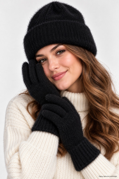 ZERAMİNE Women's Winter Beanie Gloves Set, Plush, Soft Textured Knitted Warm ...