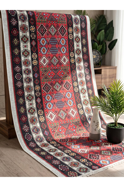 bergama home Modern Etnik Motifli Kırmızı Yıkanabilir Kilim - Salon, Antre ve...