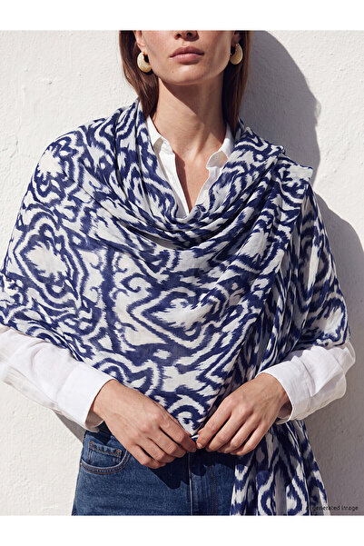 LC Waikiki Lcw Modest Navy Blue Voile Patterned Women's Shawl with Nevavm Dif...
