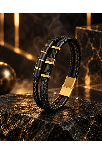 Nurnova 4052 Prestige Black Gold Hakiki Deri Erkek Bileklik