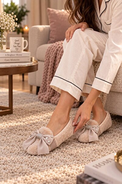 İncilaPearla Alina Women's Cream Home Slippers Plush Furry Special Design Sto...