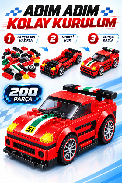 İlknurtoys 200 Parça 2’si 1 Arada Lego Uyumlu Yarış Arabası Yapım Seti Geri Çek Bırak 6+ Yaş – Kırmızı