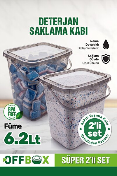 OFFBOX Mega Boy Antrasit 2 Li Un Bakliyat Erzak Saklama Kabı 6.2 Litre Deterjanlık Saklama Kutusu Kabı
