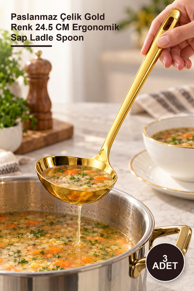 Yenilig 3 Pieces Metal Serving Ladle – Stainless Steel Gold Color 24.5 cm Erg...