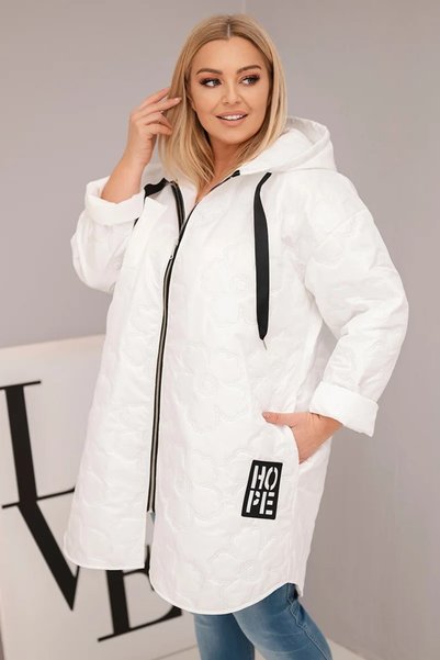 Kesi Jachetă matlasată crem, mărimi mari, cu glugă și patch HOPE