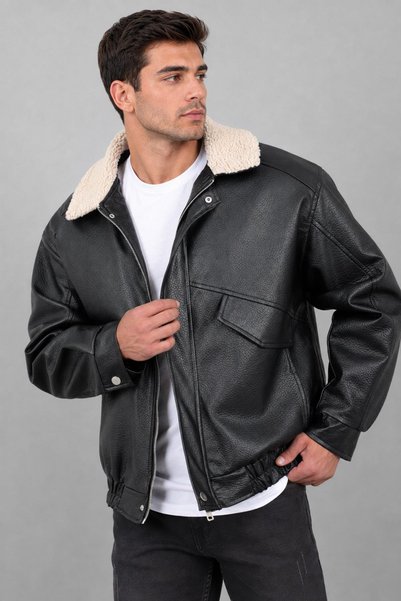 ByTrend Yaka Kürklü Oversize Kışlık Suni Deri Mont KMD 864_50532-1