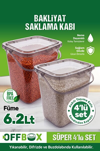 OFFBOX Mega Boy Antrasit 4 Lü Un Bakliyat Erzak Saklama Kabı 6.2 Litre Deterj...