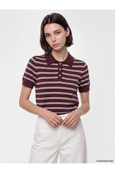 LC Waikiki Nevavm Lcw Modest Burgundy Polo Neck Striped Women's Knitwear Swea...