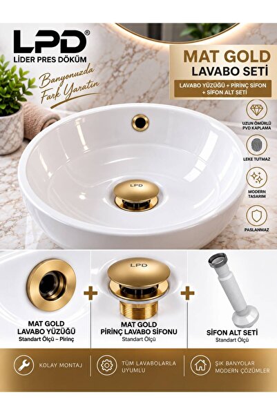 LPD LİDER MAT GOLD LAVABO GİDERİ BASMALI - MAT GOLD LAVABO SÜZGECİ STOPLU - P...