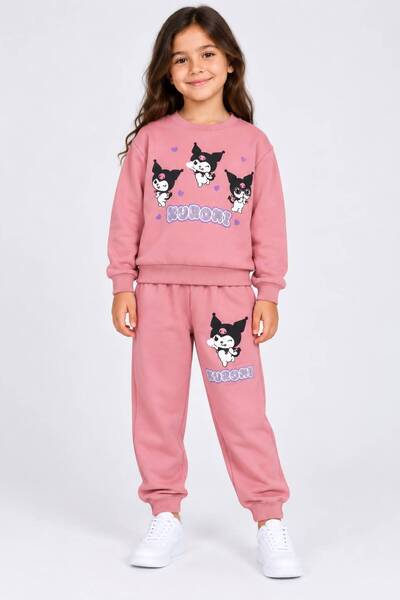 4GEN Kuromi Lisanslı Kız Çocuk Pembe Sweatshirt Eşofman Altı Takım Baskılı