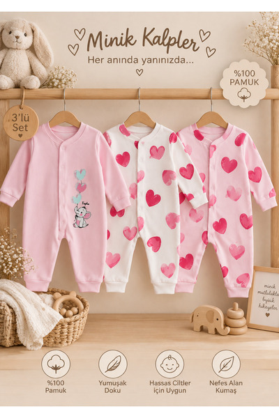 NOTA KİDS Organic 100% Cotton Newborn Baby Long Sleeve Set of 3 Rompers