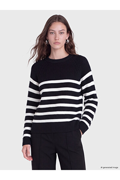 LC Waikiki Nevavm Lcw Modest Ecru Oval Collar Striped Women's Knitwear Sweate...